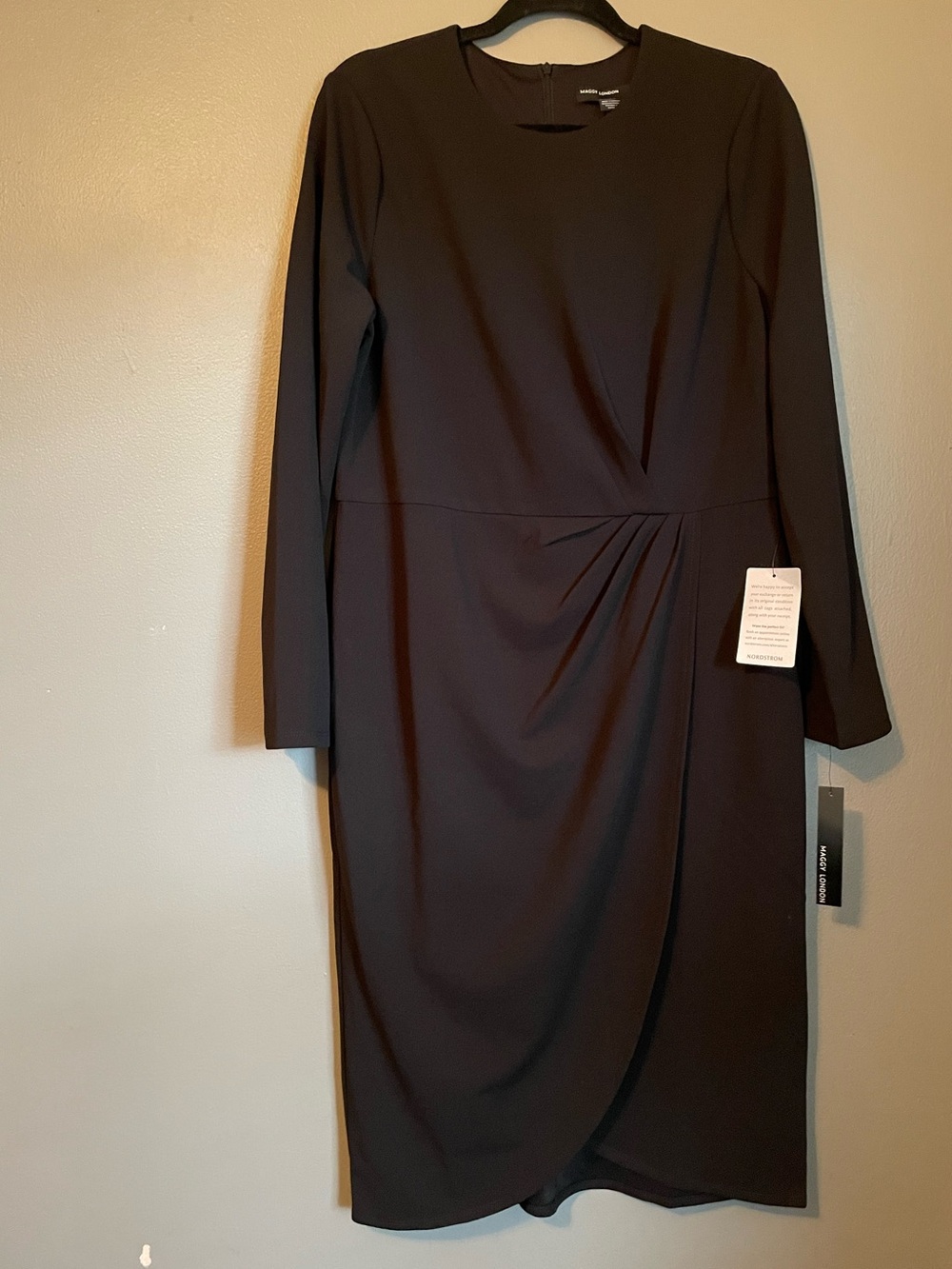 NWT Maggy London Sz 14 Women’s Black Midi Wrap Work Gathered Dress Ret $128!